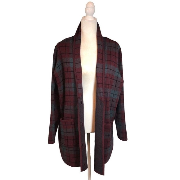 Denim & Co Shacket Women’s 1X Burgundy Gray Box Tartan Plaid Cotton Knit Open - Picture 2 of 12
